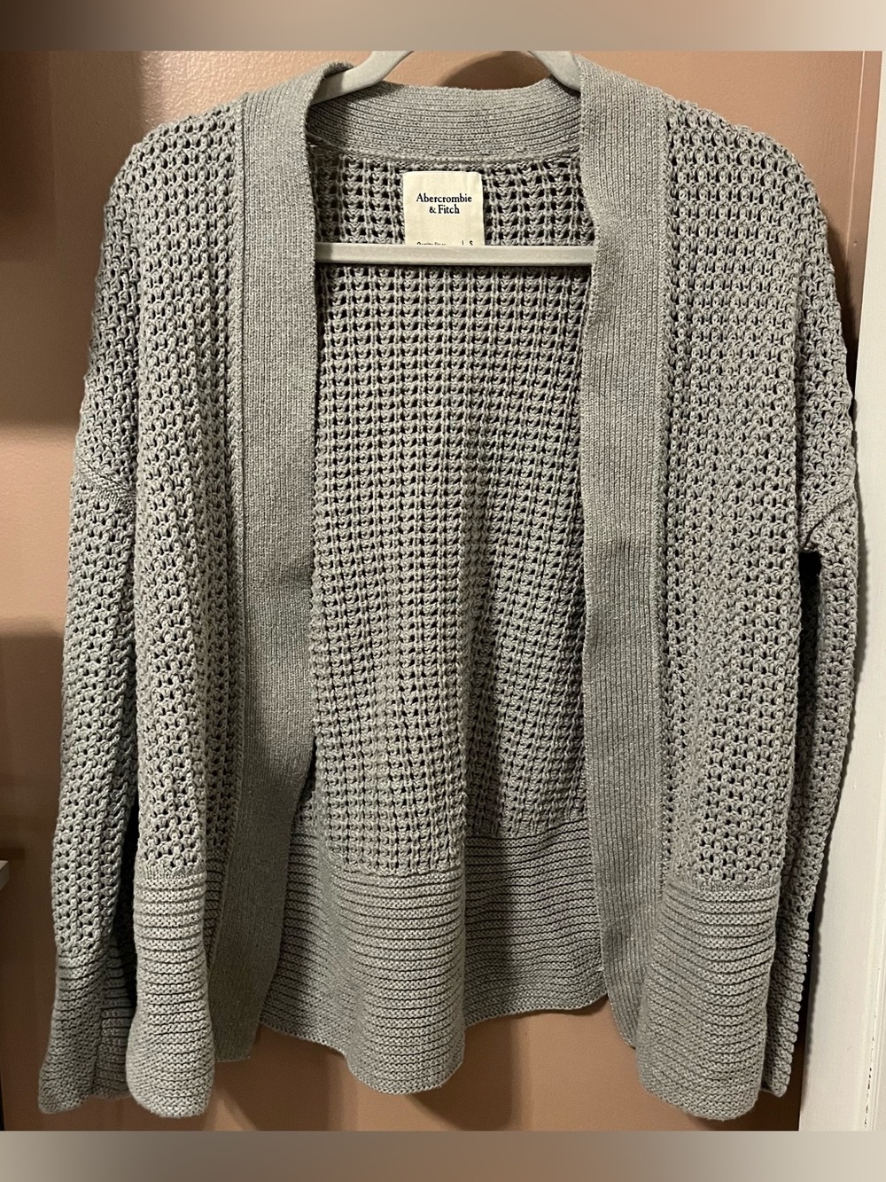 Abercrombie & Fitch Light Grey Open-Weave Waffle Knit Oversized Open Cardigan